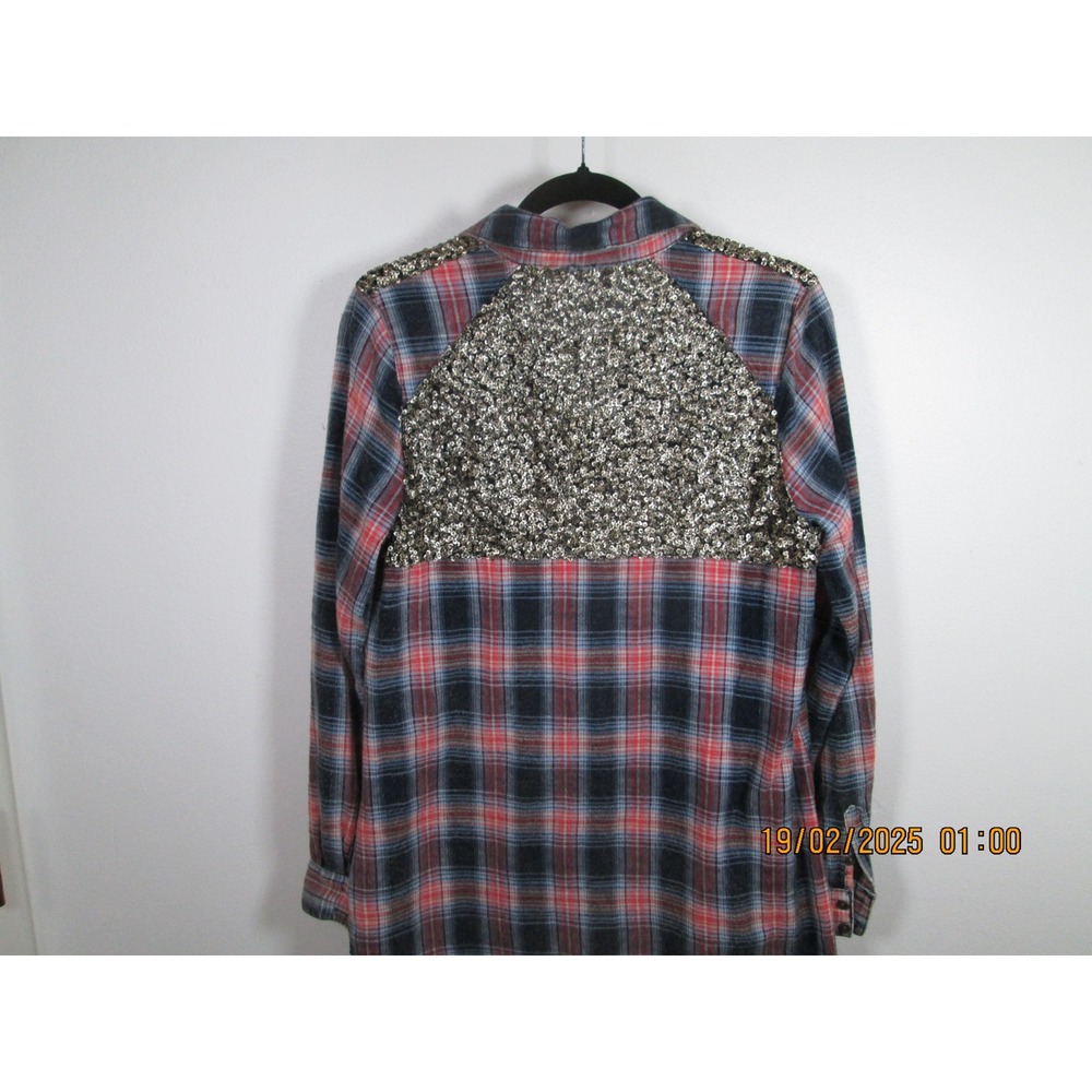 Free People‎ Shirt Small Navy Plaid Sequin Embellished Long Sleeve - Picture 6 of 11